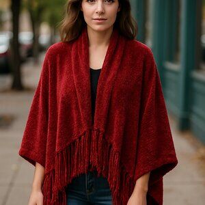 Hand Woven The Foxwell Weaver Terri Bruhin Fringe Cranberry Poncho Shawl Cape